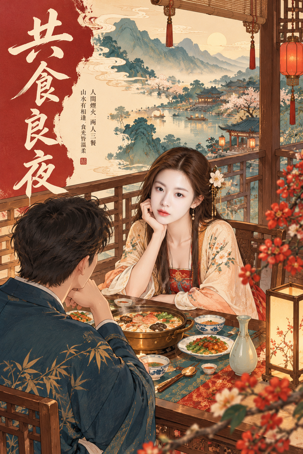 新中式细线设色情侣晚餐插画海报 — AI image creation