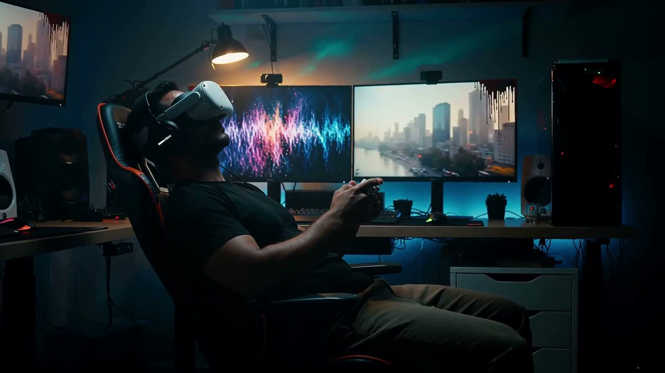 몰입형 스크린 환상 속 VR 게이머