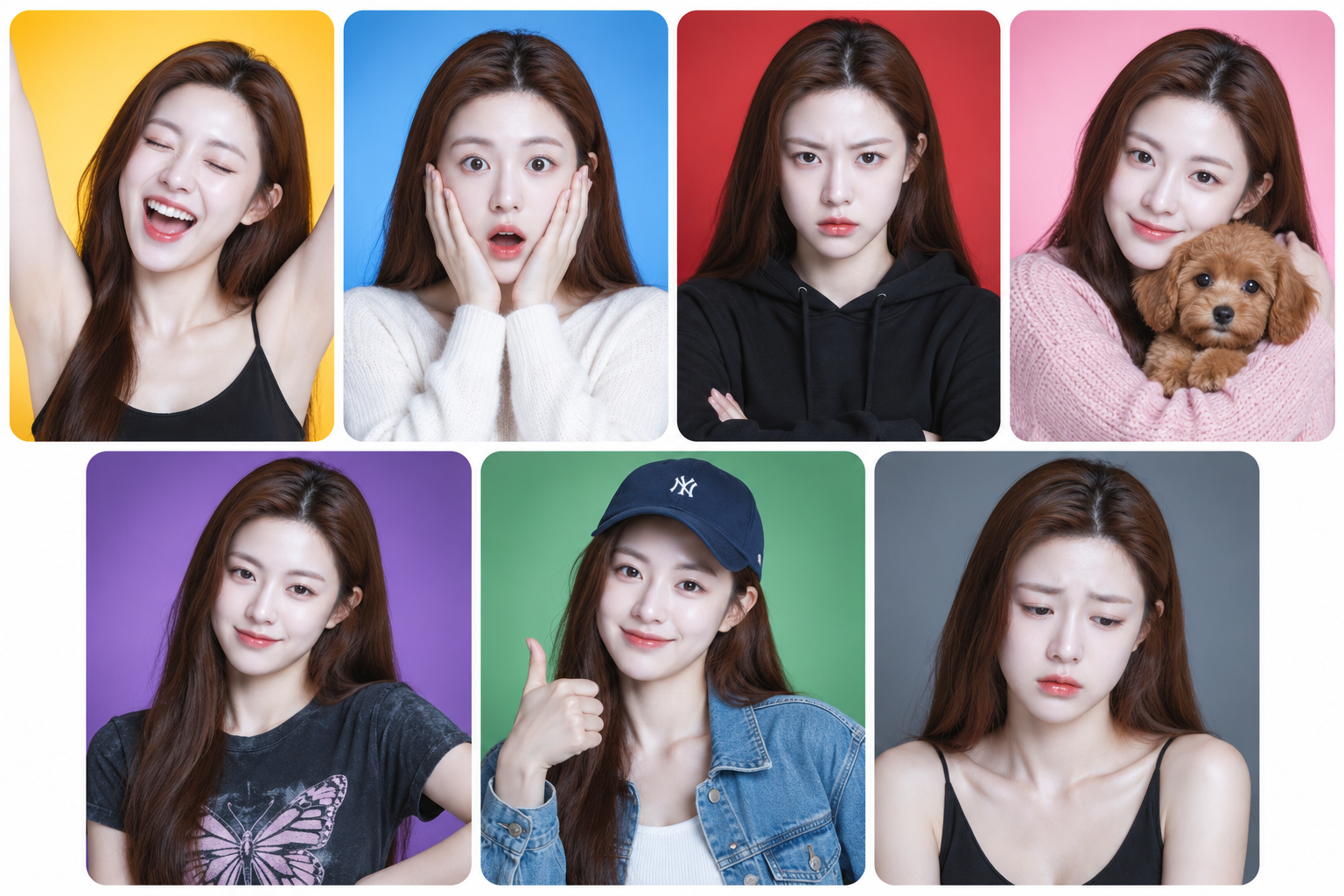 일곱 빛 그라데이션 배경의 일곱 감정 캐릭터 카드