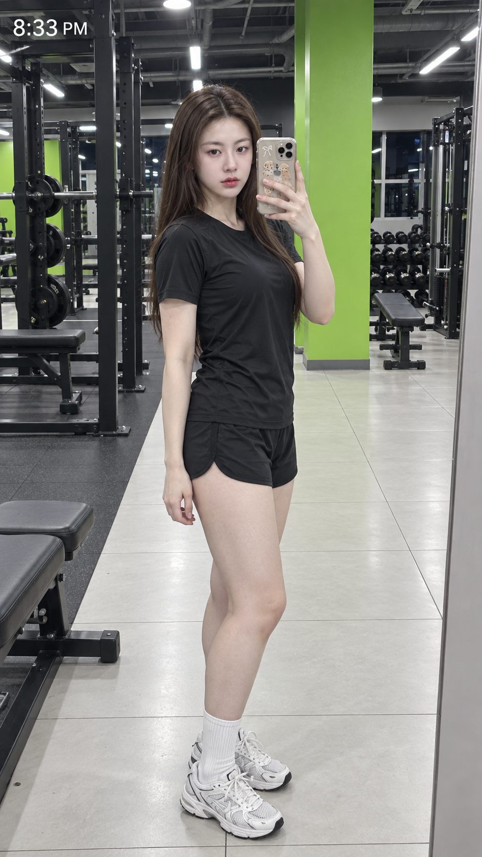 Ảnh selfie gương với đồ thể thao trong phòng gym xanh neon — AI image creation