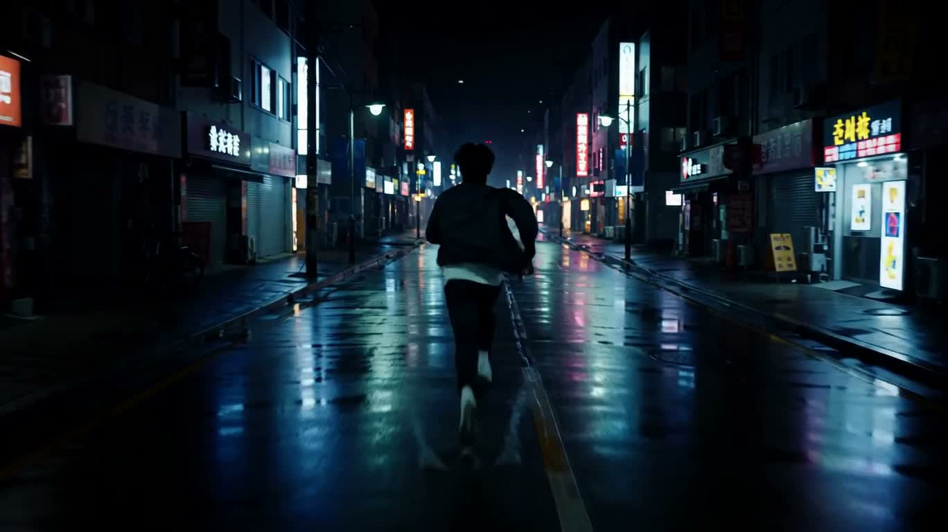 Course nocturne en néon distordu — AI video creation