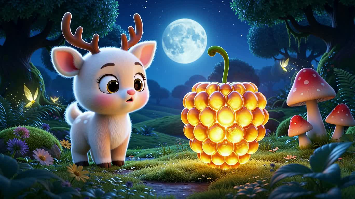 Chú nai nhỏ đuổi theo những quả mọng phát sáng