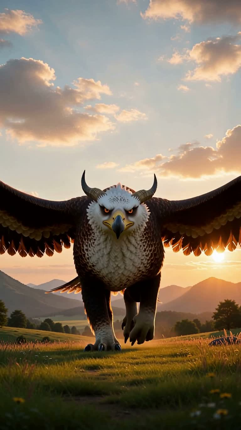 The Griffin and the Boy on the Twilight Grassland — AI video creation