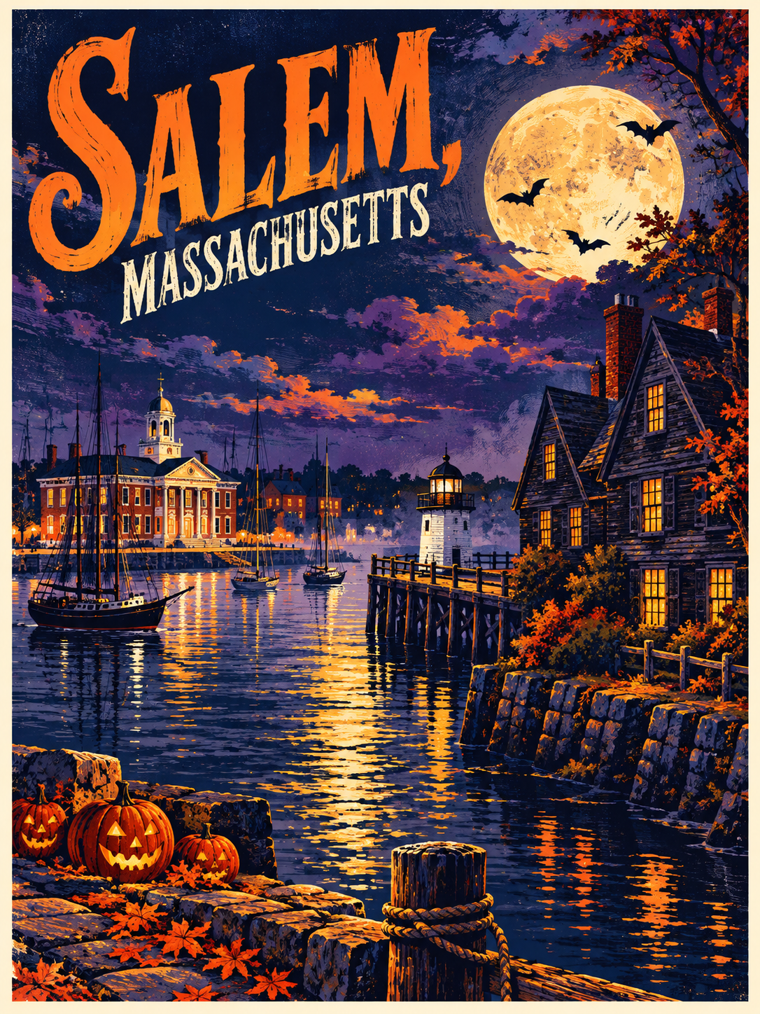 Affiche de voyage illustrée pour Halloween à Salem — AI image creation