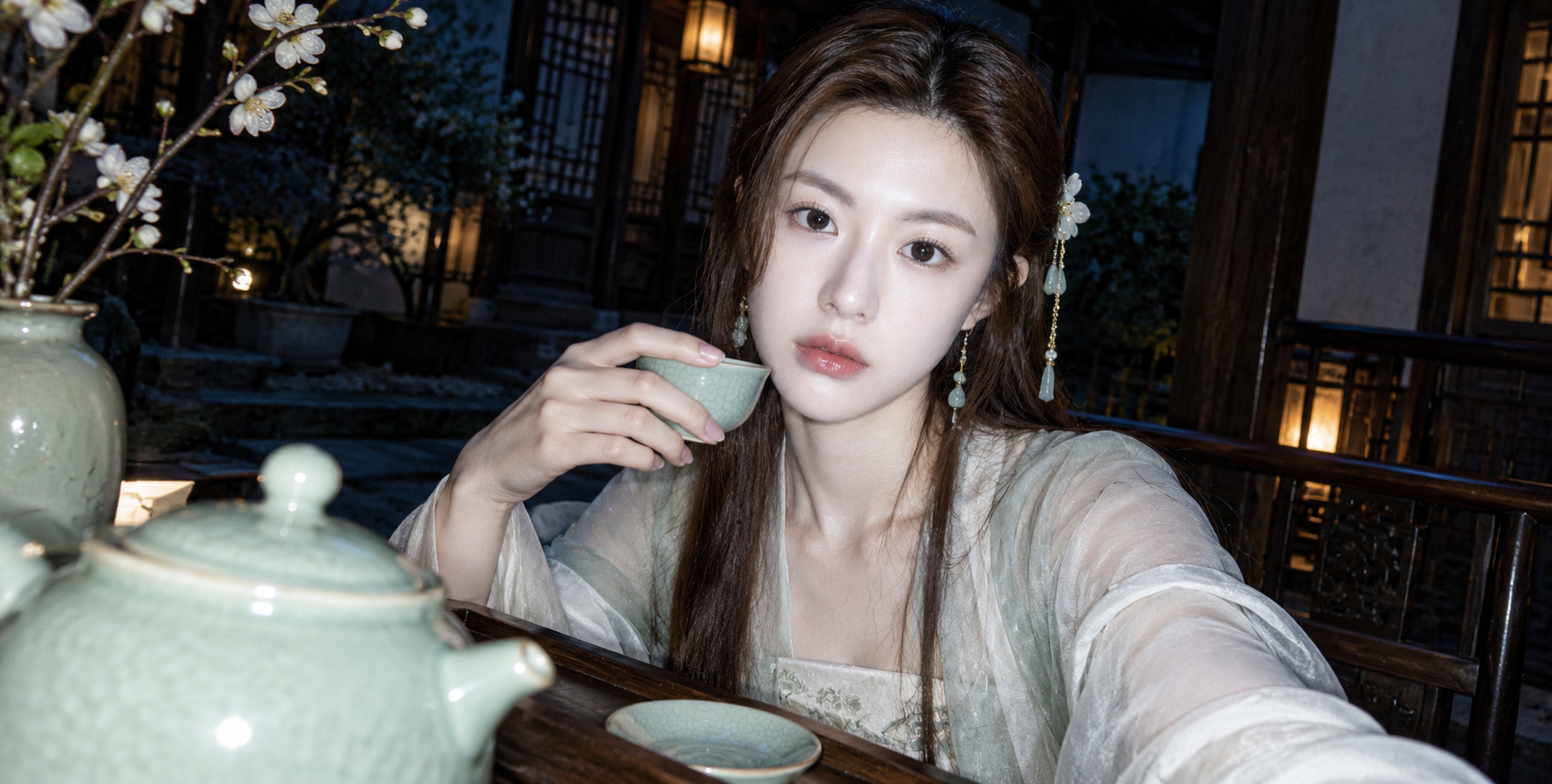 송나라풍 정원의 야간 직사광 플래시 실사 스냅