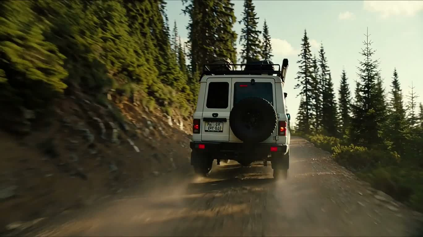 White Off-Road Vehicle on a Pine Forest Mountain Road