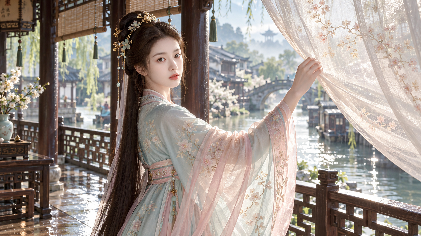 宋代少女临水楼阁雨后卷帘