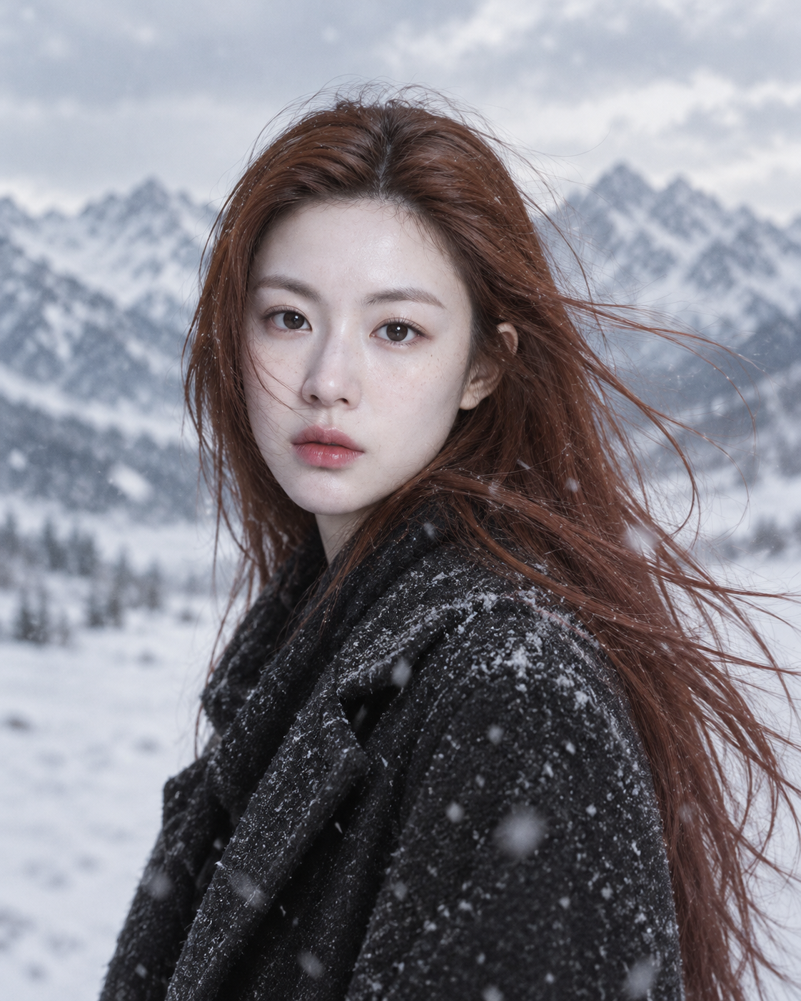 雪山背景下赤褐发成年女性的电影级写实人像