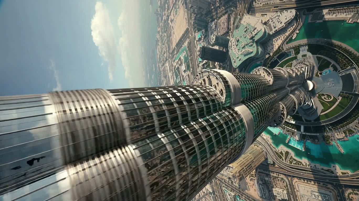 Poussée diagonale aérienne sur Burj Khalifa — AI video creation