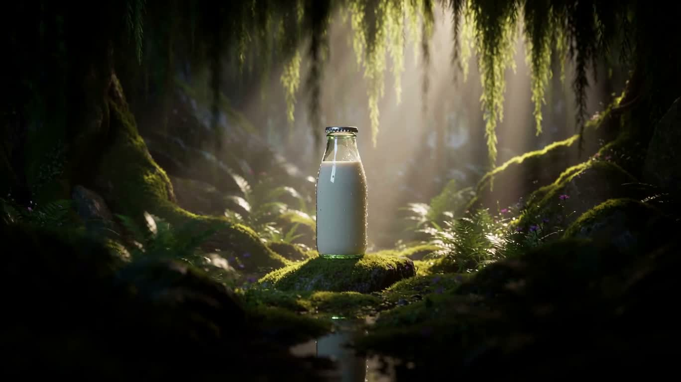 幻想のミルク瓶・光と影の秘境 — AI video creation