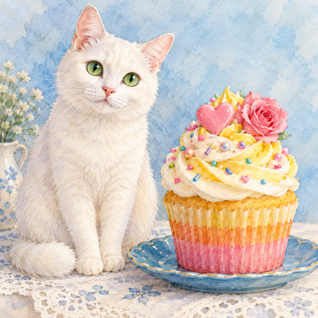 Watercolor Cat and Colorful Cupcake — AI image creation