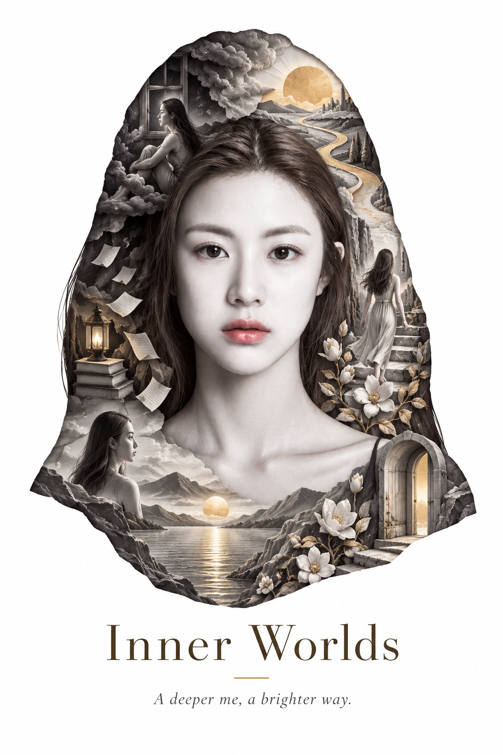 成年女性剪影内的微缩浮雕叙事画