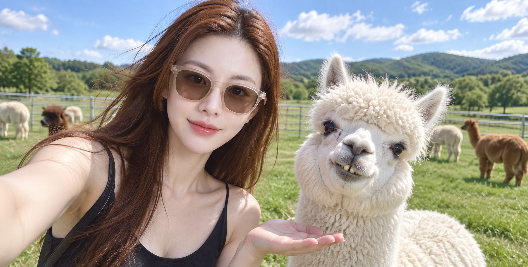 阳光下与白羊驼合影的成年女性 — AI image creation