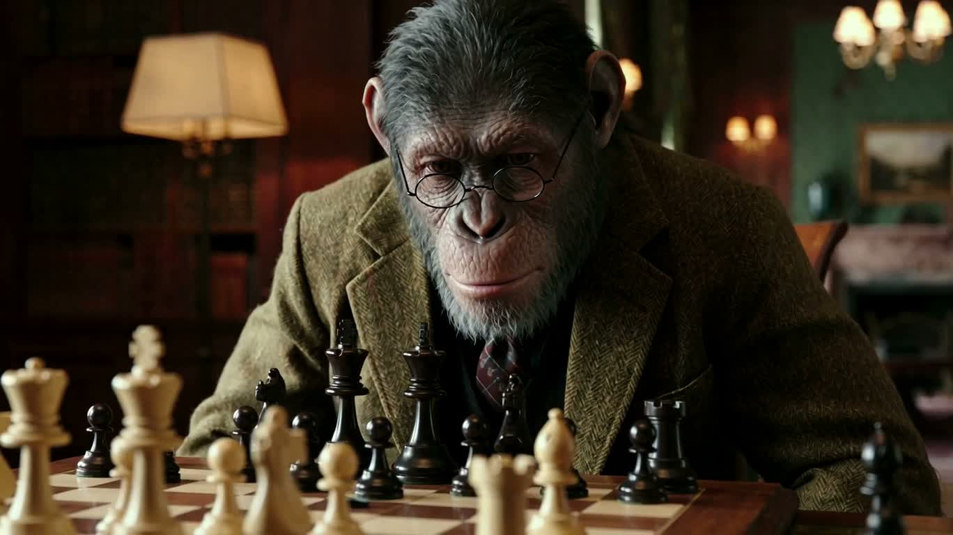 戴眼镜的黑猩猩棋局沉思