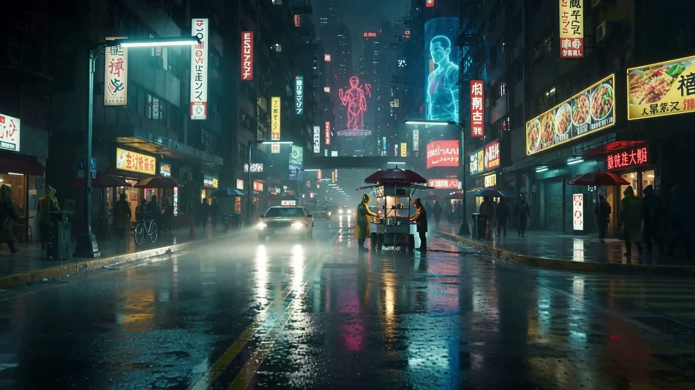 Neon Rainy Night Street Food Stall