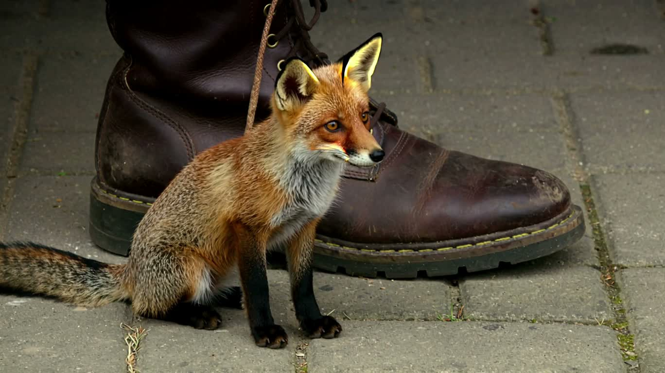 Renard courant vers la droite autour d'une chaussure