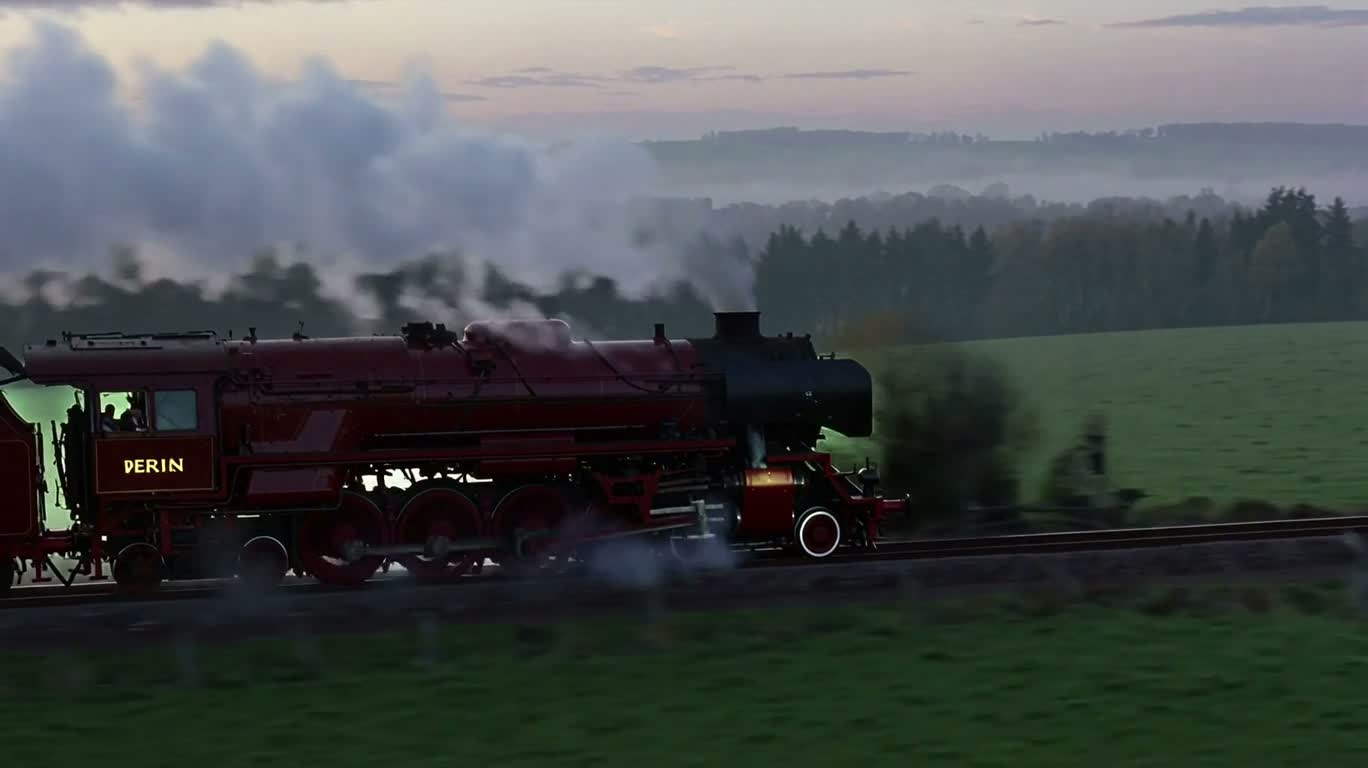 Train à vapeur rouge dans les montagnes brumeuses