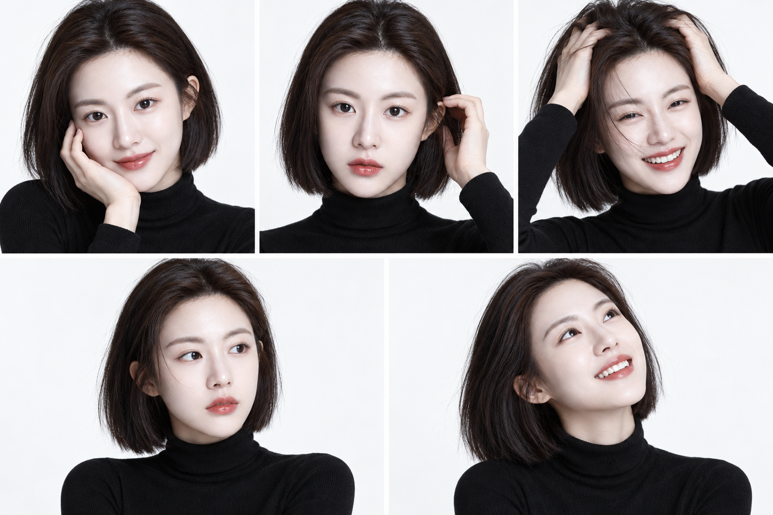 성인 동아시아 여성의 미니멀 다각도 인물 그리드