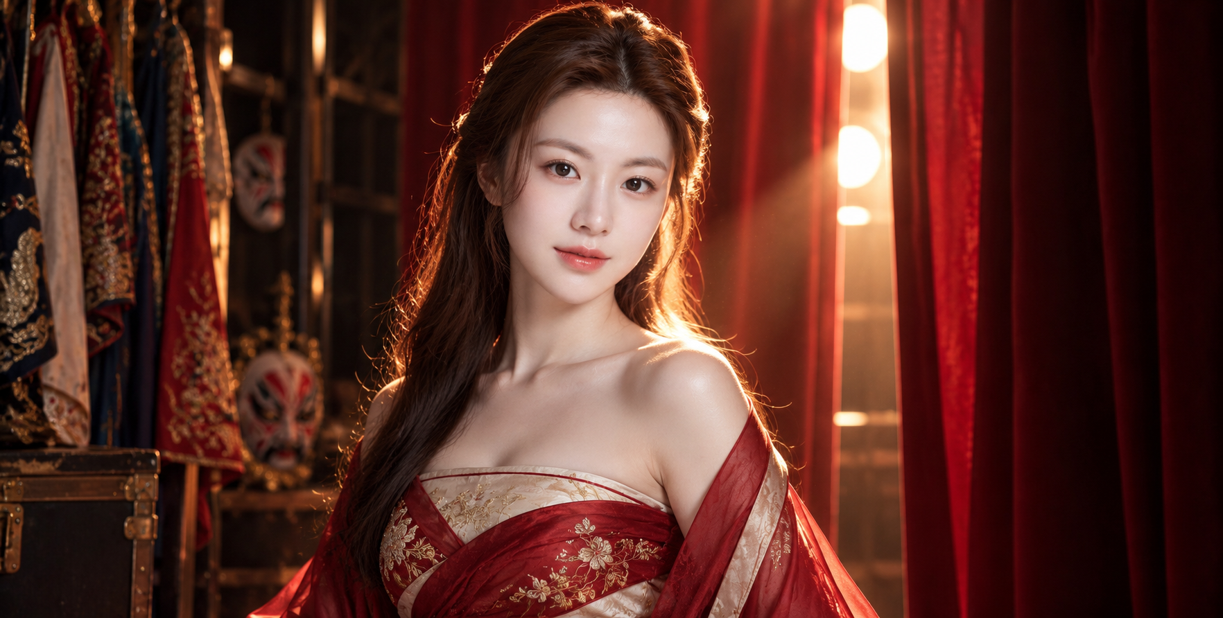 옛 극장 백스테이지, 붉은 커튼 틈새 역광 속 반미소 인물