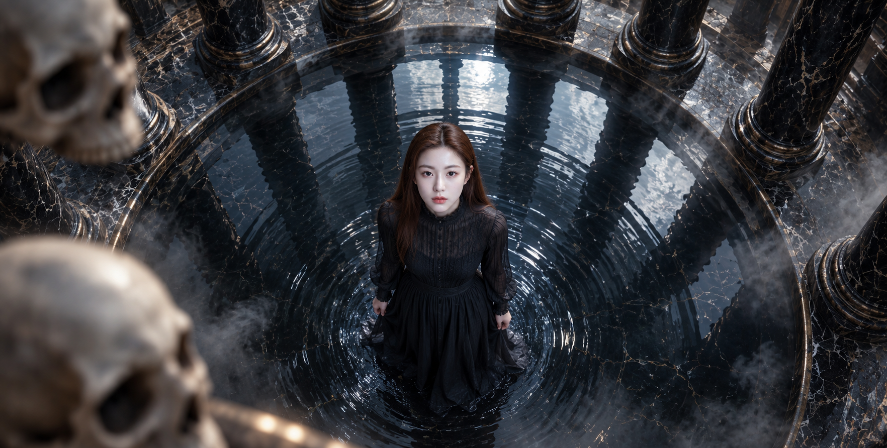 成年女性深色圆池仰望与哥特骷髅前景俯拍肖像 — AI image creation