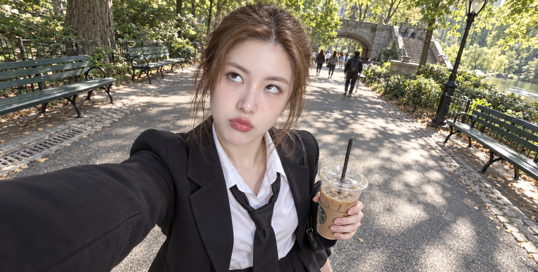 木漏れ日の下でアイスコーヒーを飲むそばかす少女
