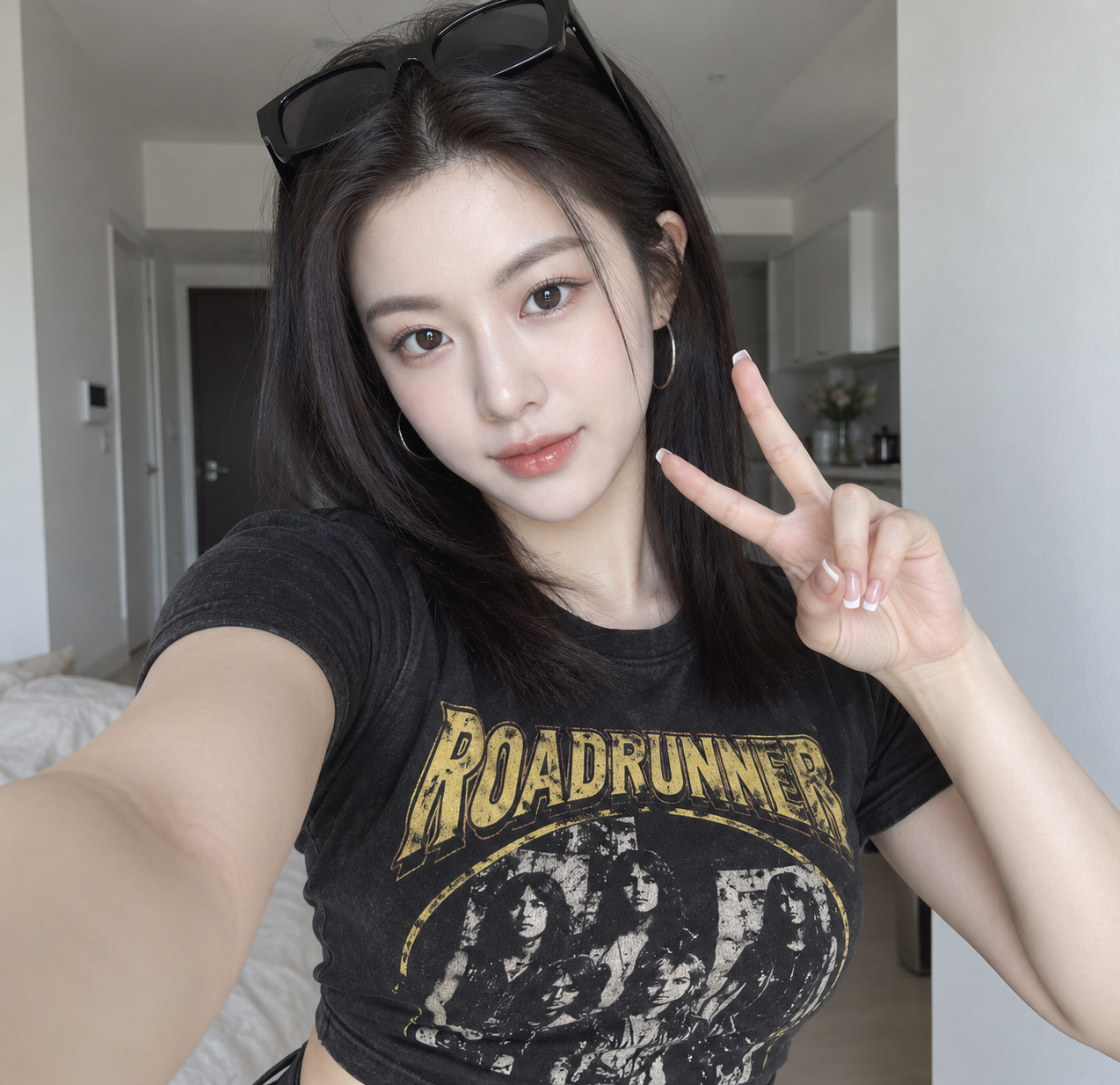 자연광 아래 집에서 찍은 스윗앤쿨 밴드 티셔츠 셀카