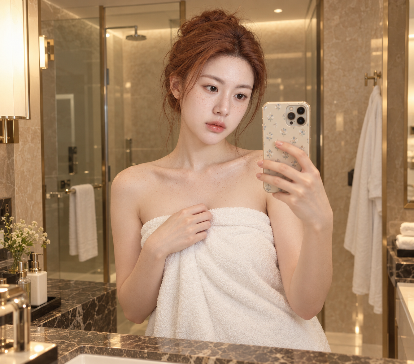 따뜻한 빛의 대리석 욕실에서 수건을 두른 셀프 초상 — AI image creation