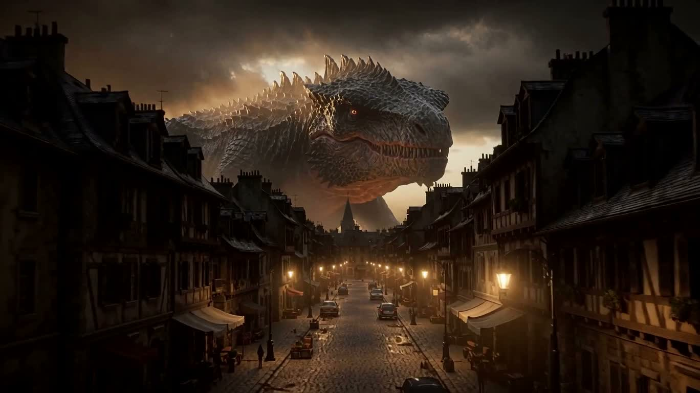 Colossal Beast Overlooking the Small Town — AI video creation