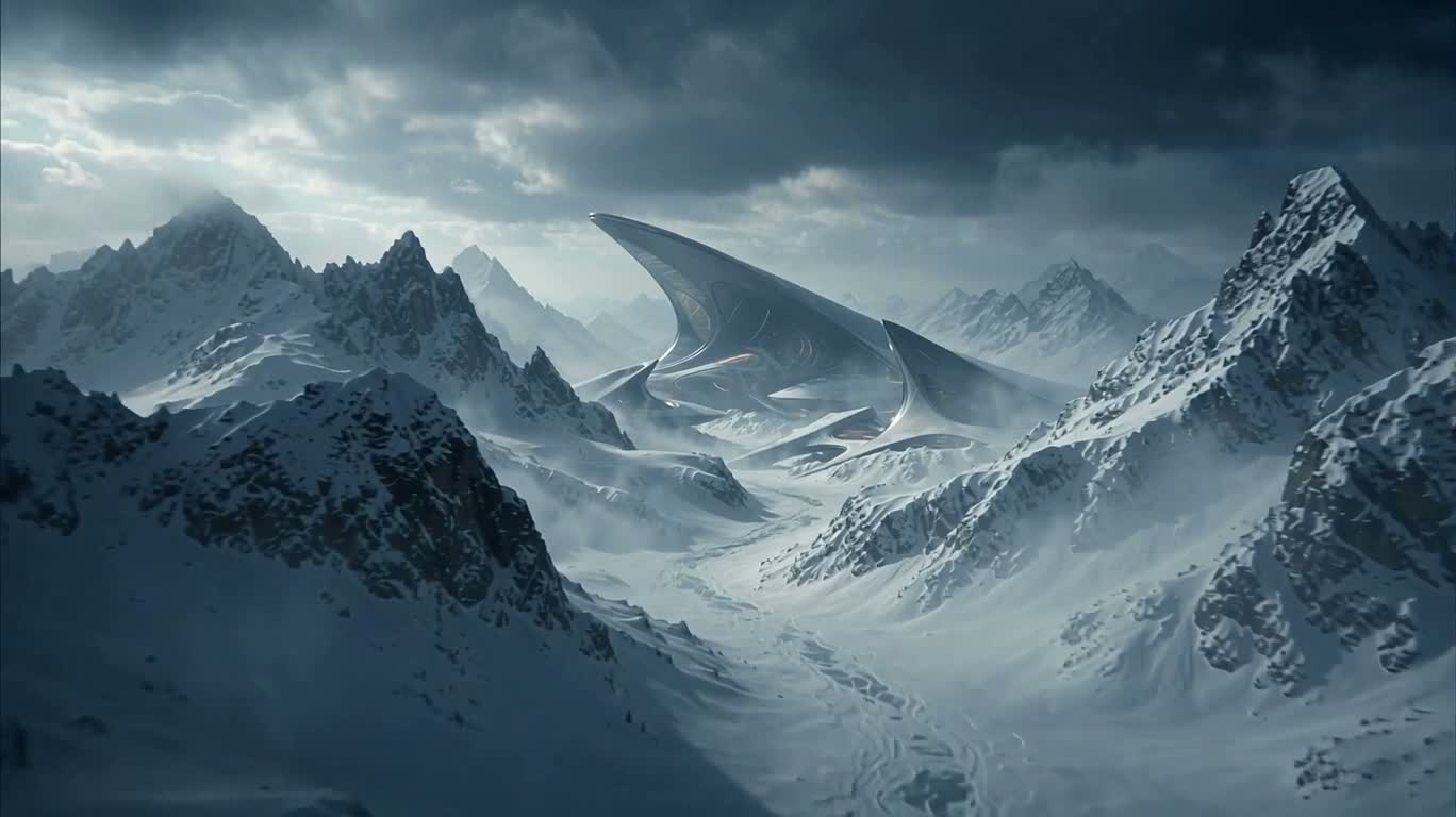 Architecture futuriste dans les montagnes enneigées