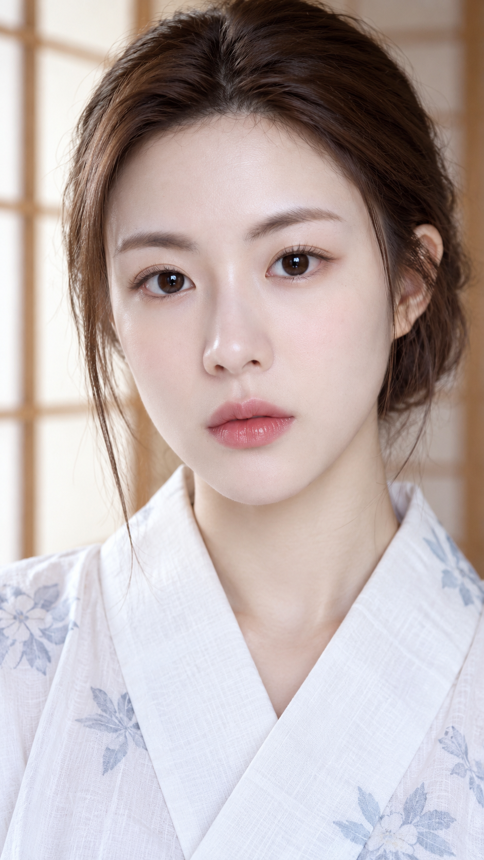 종이문 앞 흰 유카타를 입은 일본풍 근접 인물 사진