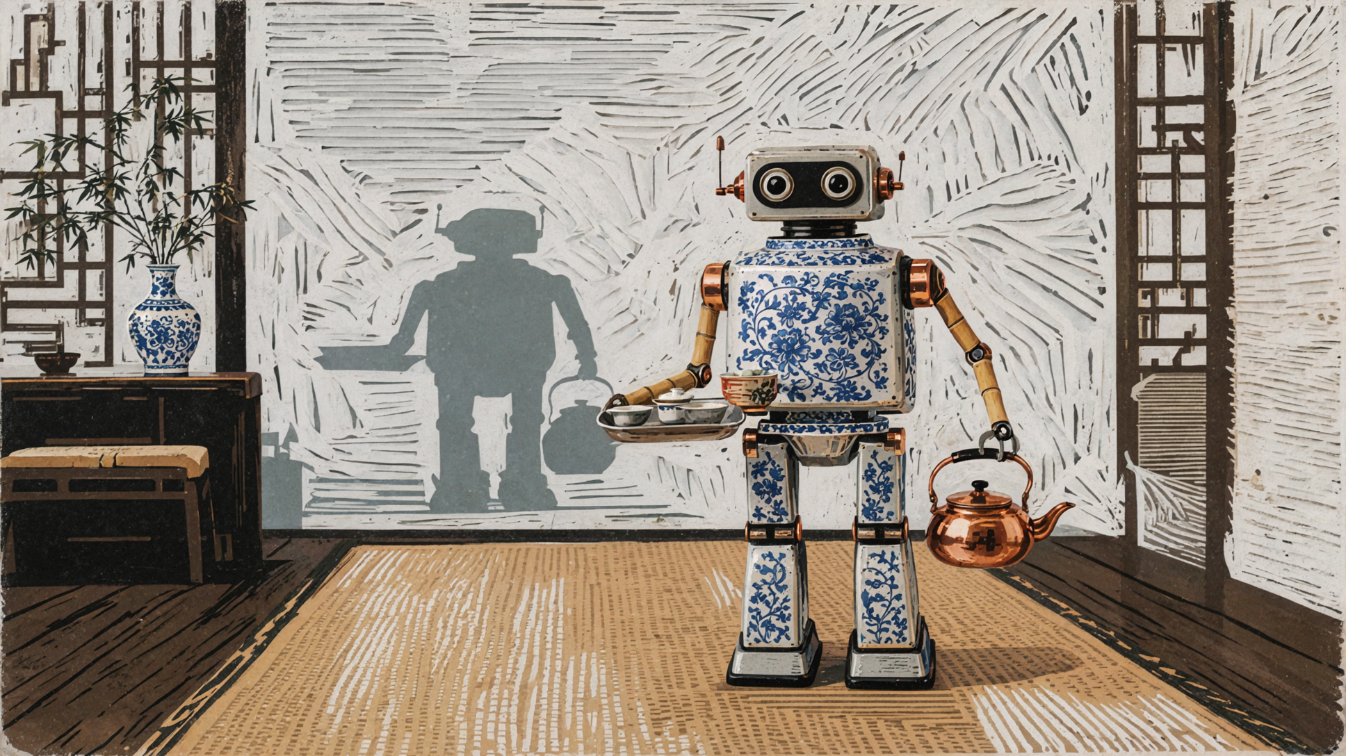 Robot trà sứ xanh · Tranh in ghép màu — AI image creation
