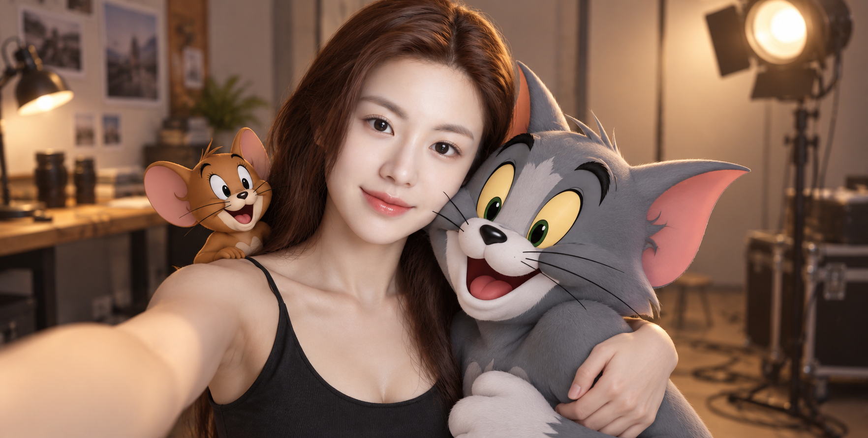 따뜻한 조명 스튜디오에서 톰과 포옹하는 셀카
