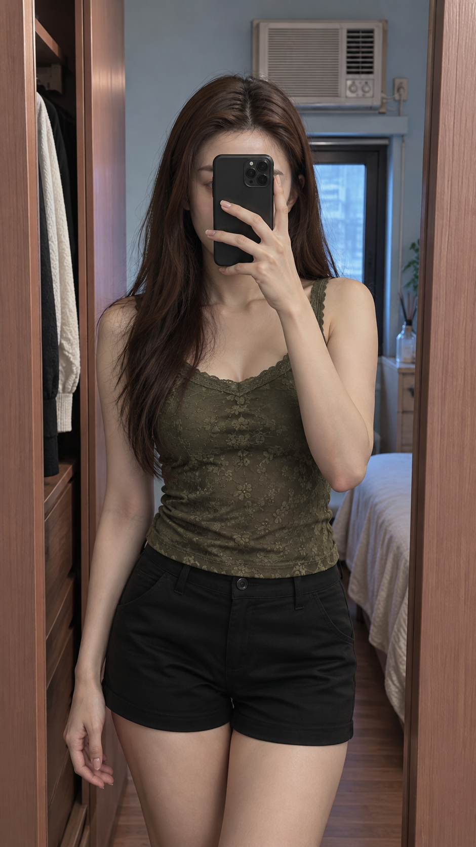 Olive Green Fashion Selfie Before a Bedroom Mirror