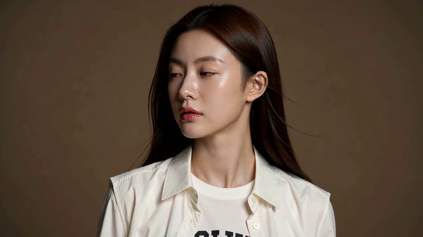 짙은 갈색 머리 여성의 사실적 초상화 — AI video creation