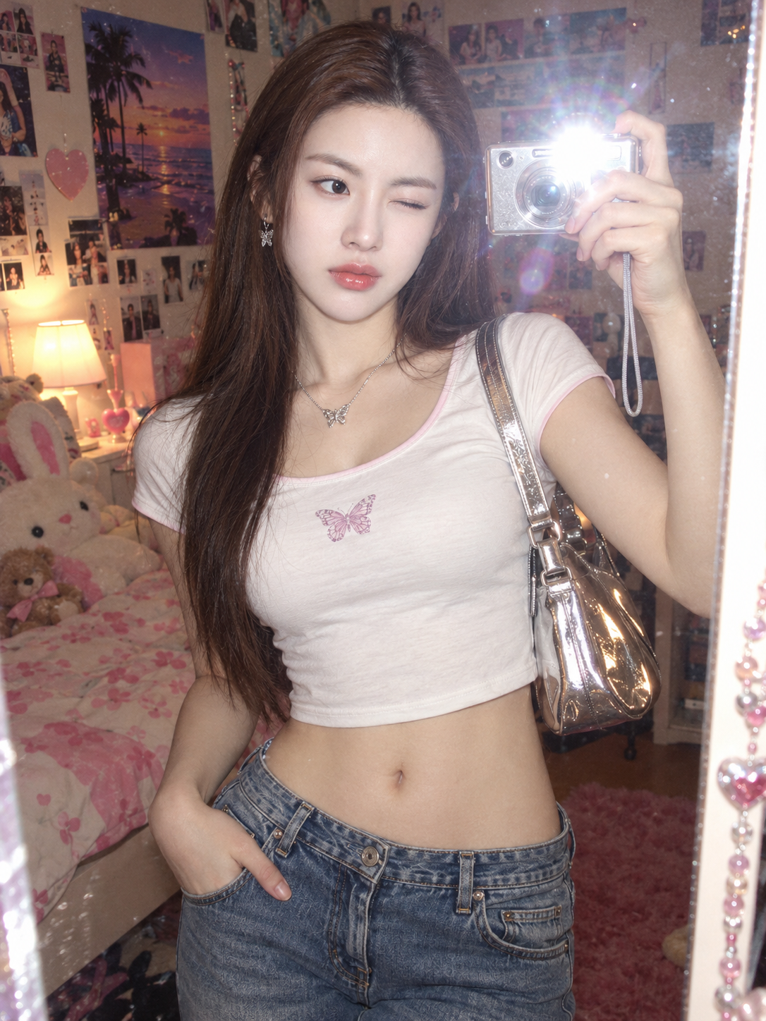 Y2K风格韩系女性数码相机镜前自拍