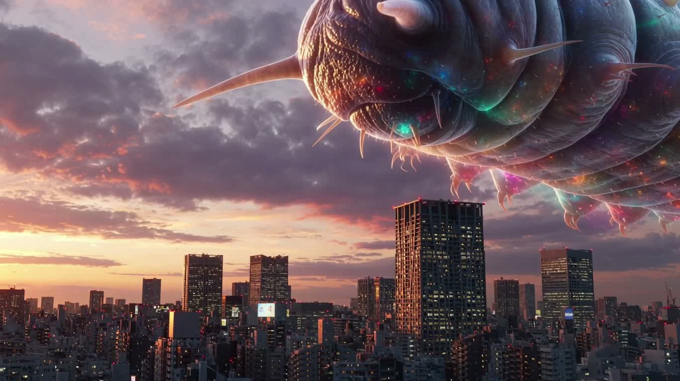 Gấu vũ trụ bước chậm giáng xuống Tokyo lúc hoàng hôn