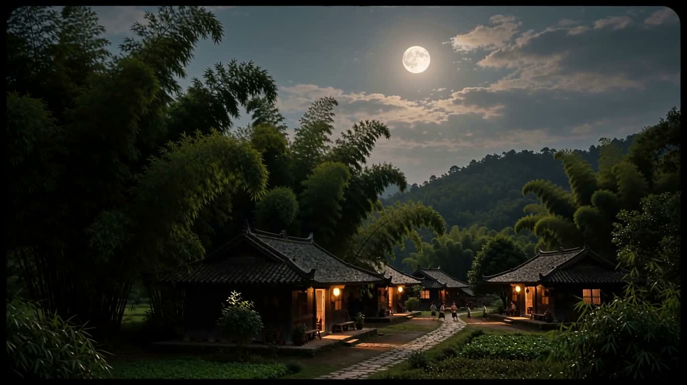 月光竹影亚洲村夜