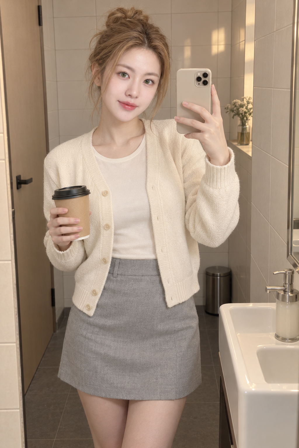 Selfie de tenue adulte dans les toilettes d'un café à la lumière chaude