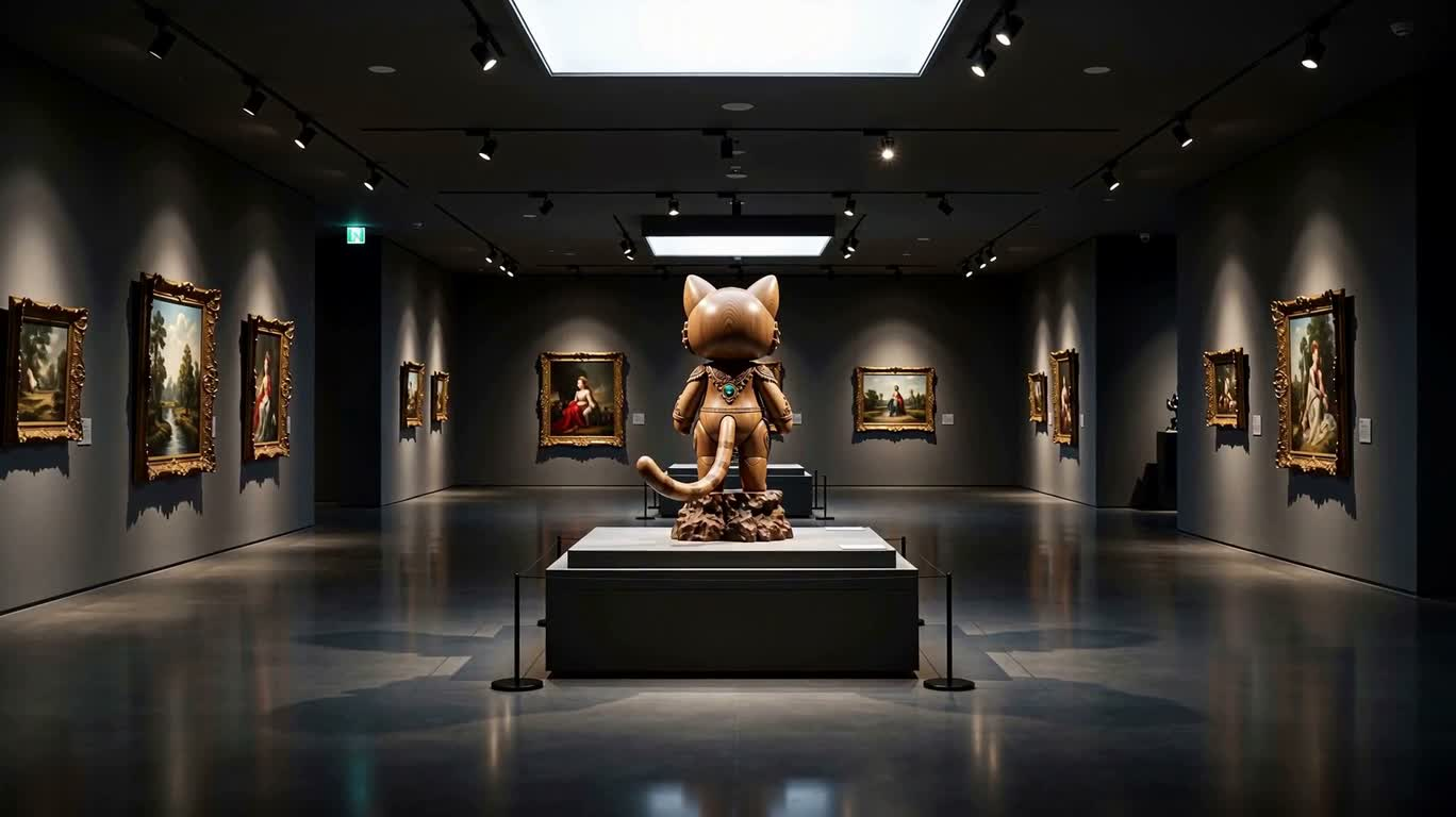 Sculpture mécha mystérieuse aux oreilles de chat dans une galerie du nouveau Paris