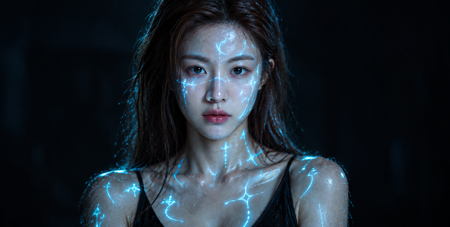 Poème néon : mystérieuse jeune fille dans une nuit de pluie aux jeux de lumière — AI image creation