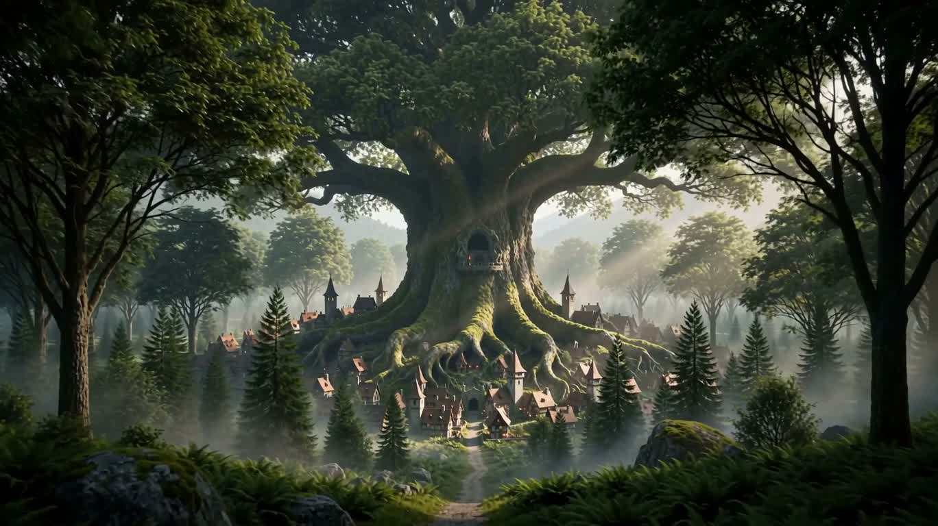 Miniature Medieval City Among Giant Oak Roots