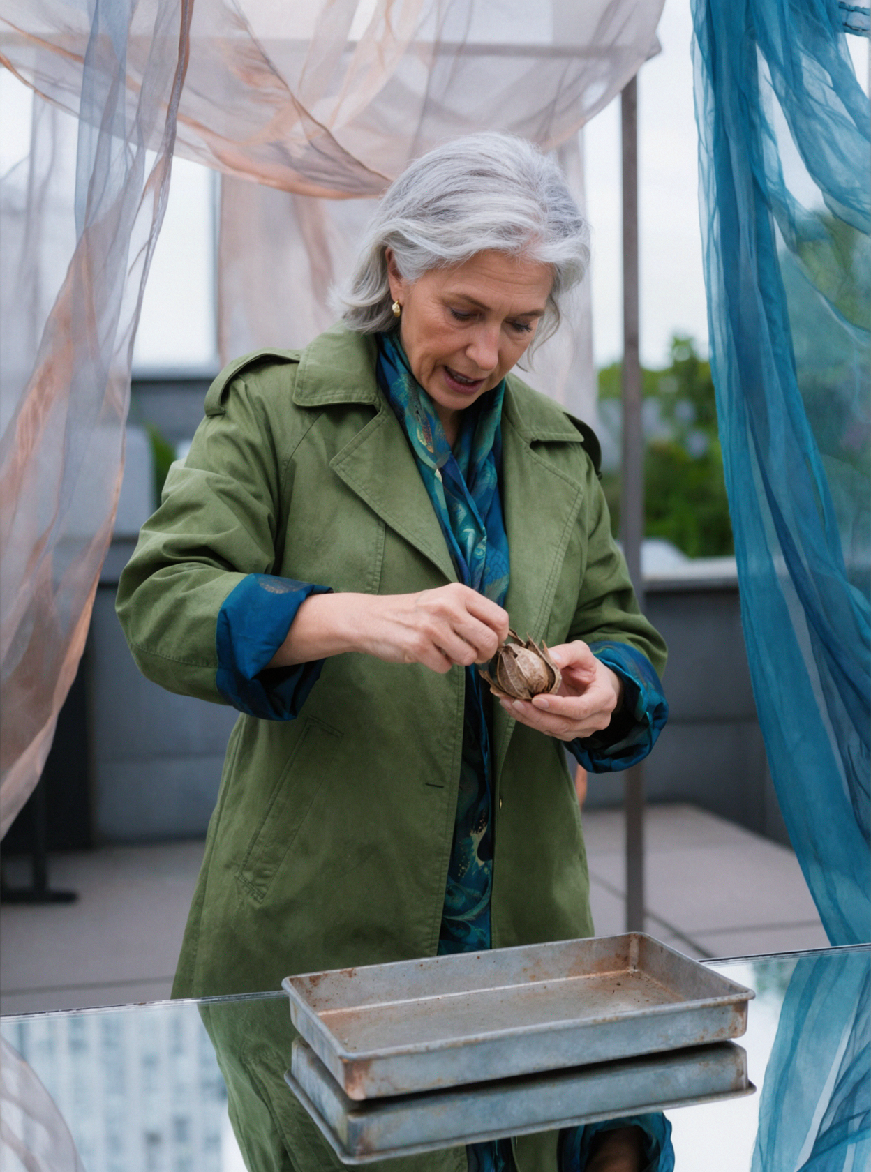 Silver-haired adult female botanist · Seeds in flight · Tilt-shift photography — AI image creation
