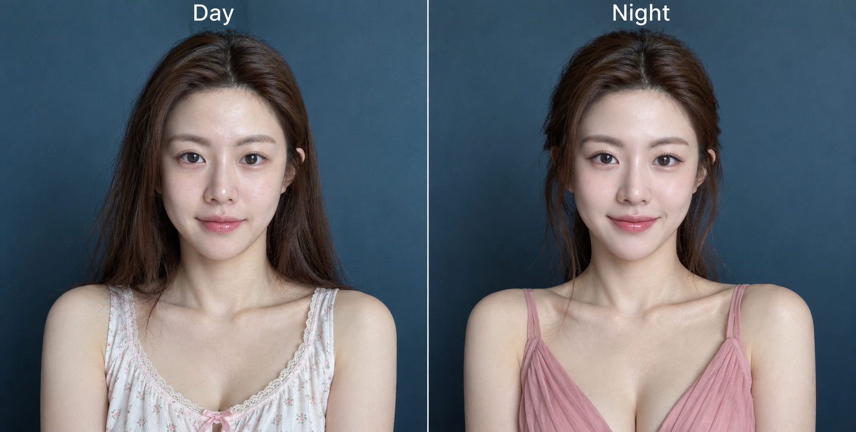 성인 여성의 내추럴 메이크업과 나이트 메이크업 비교 초상