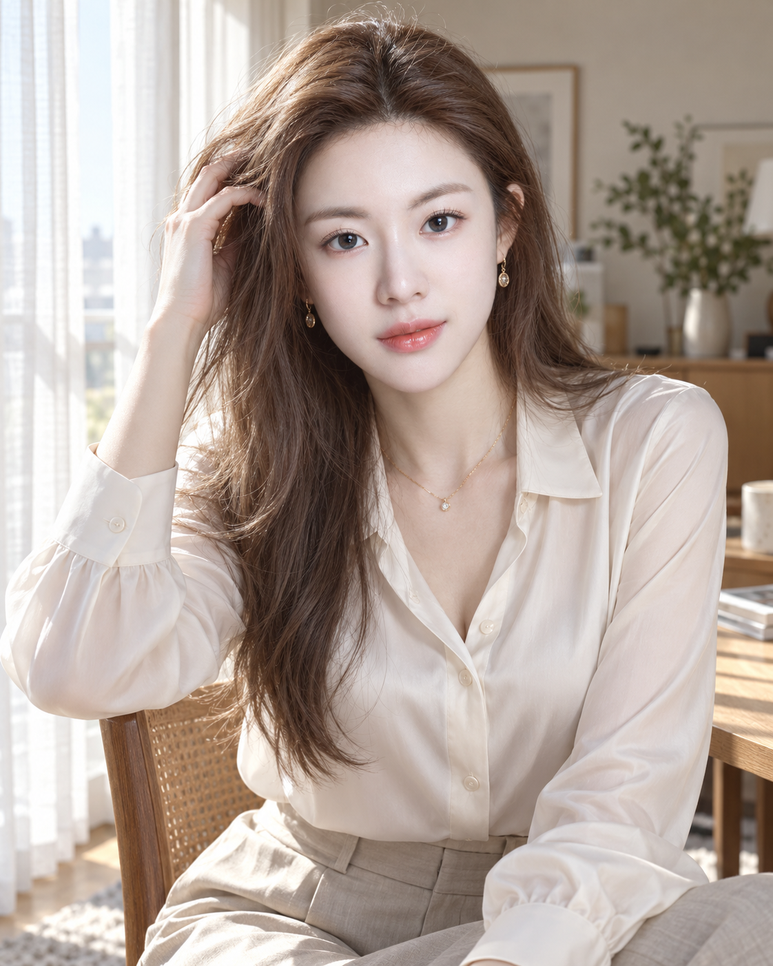 얇은 커튼 빛 아래 차가운 회갈색 머리의 패션 인물 사진