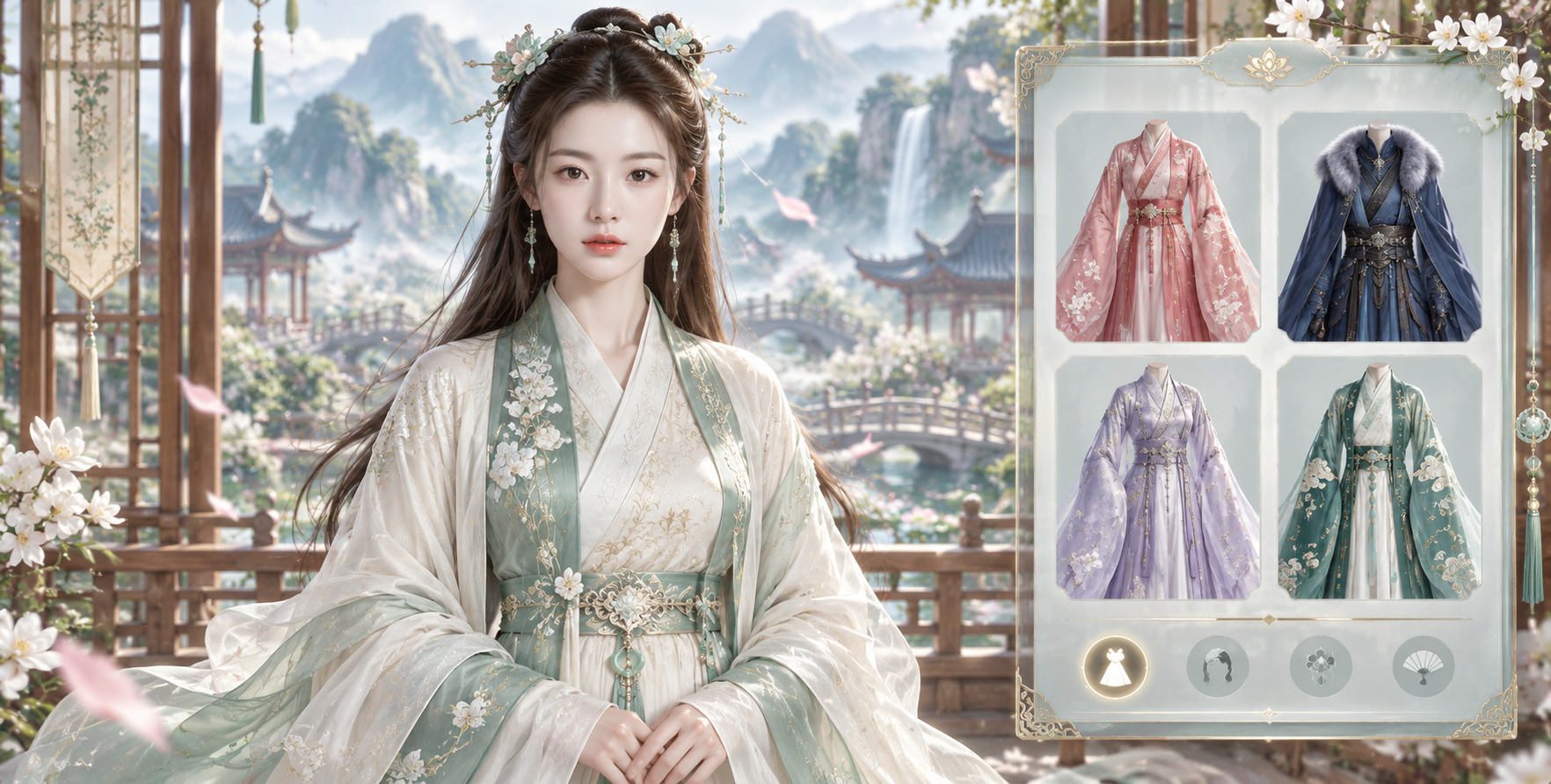 Giao diện game thay đồ tiên hiệp cho nhân vật nữ trưởng thành