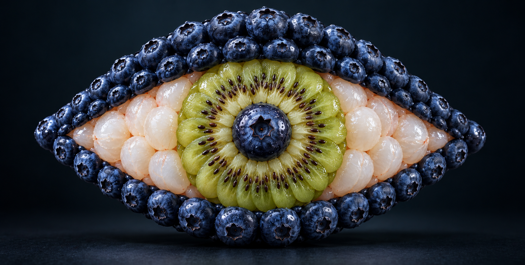 蓝莓奇异果与荔枝构成的超现实眼形食雕 — AI image creation