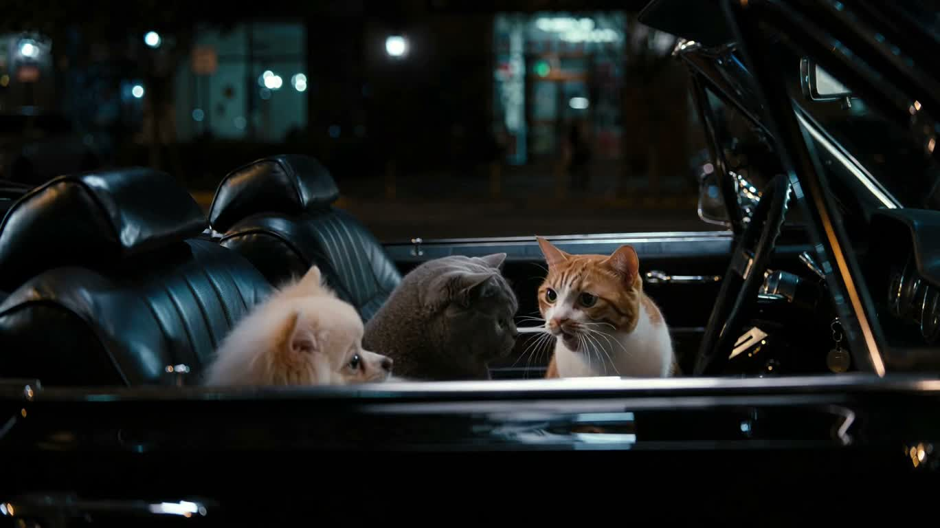 夜色敞篷车里的猫咪即兴演唱