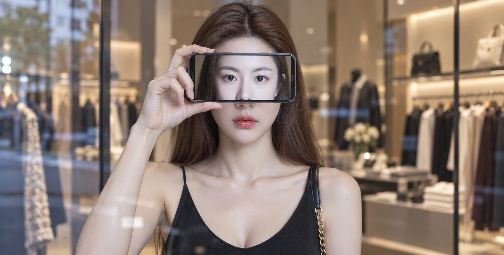手机屏幕映出人像的店内创意摄影