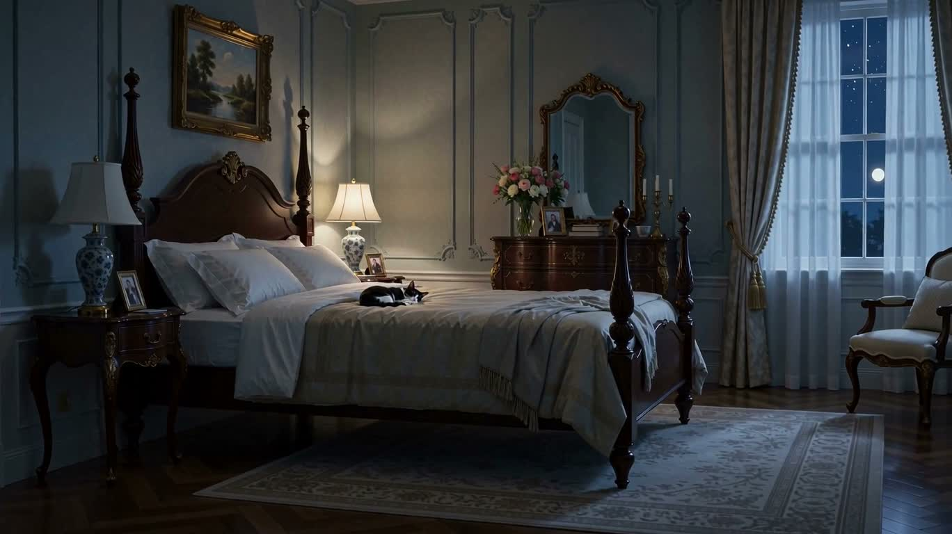 Mèo ngủ trong phòng ngủ Gothic lạnh lẽo