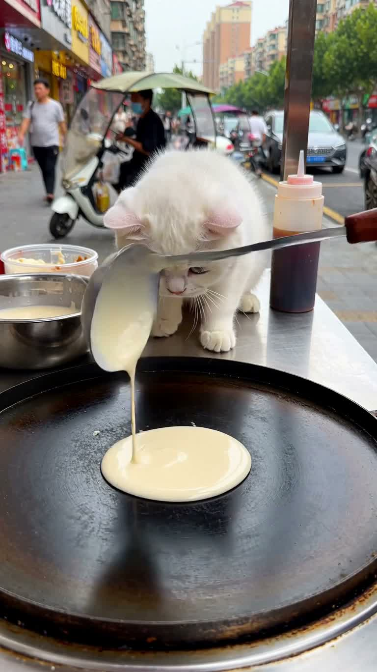 Un chat blanc prépare des jianbing dans la rue
